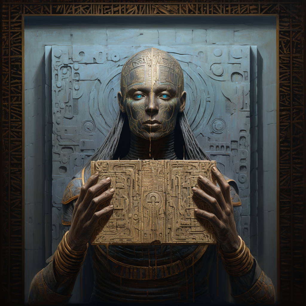 Midjorney: Cyborg human holding a stone tablet with hieroglyphic carvings...